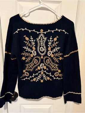 CHARLIE B Navy Sweater with Cream Trim